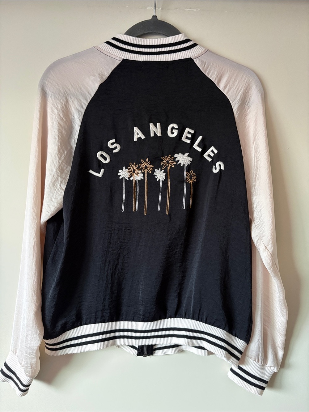 About A Girl Black & Cream Los Angeles Embroidered Bomber Lightweight Jacket